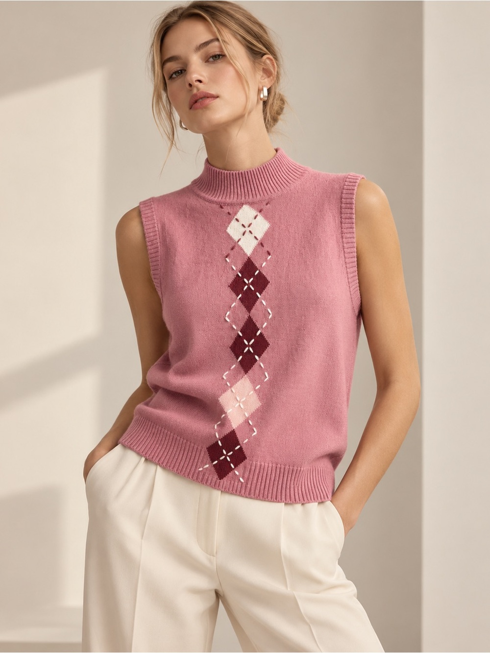 Sweet Woods Petite M Pink Argyle Mock Neck Sweater Vest Y2K Preppy